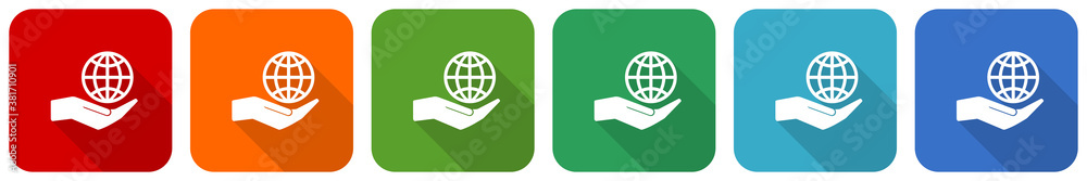 Hand care planet environment icon set, flat design vector illustration in 6 colors options for webdesign and mobile applications Hand care planet environment icon set, flat design vector illustration in 6 colors options for webdesign and mobile applications