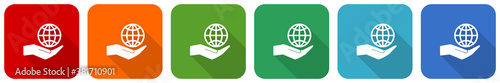 Hand care planet environment icon set, flat design vector illustration in 6 colors options for webdesign and mobile applications