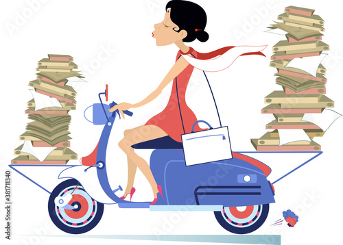 Young woman carries papers or books by scooter illustration. Smiling woman with piles of documents or books rides on the scooter isolated on white
