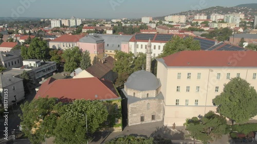 Aerial / drone footage of the Jakovali Hassan Mosque on Pécs, the fifth largest city of Hungary, a major cultural center of Hungary, administrative and economic center of Baranya County photo