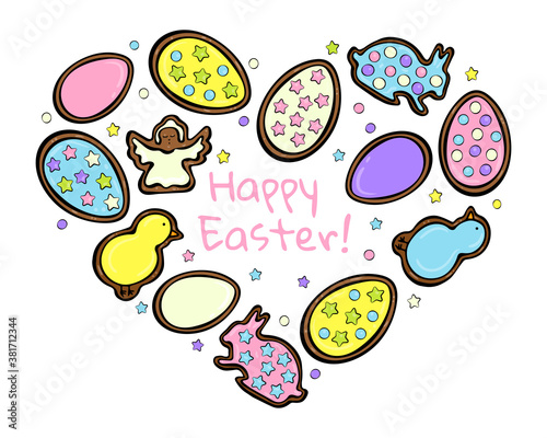Illustration Easter gingerbread cookies rabbit, eggs, chick, angel illustration isolated on white background.