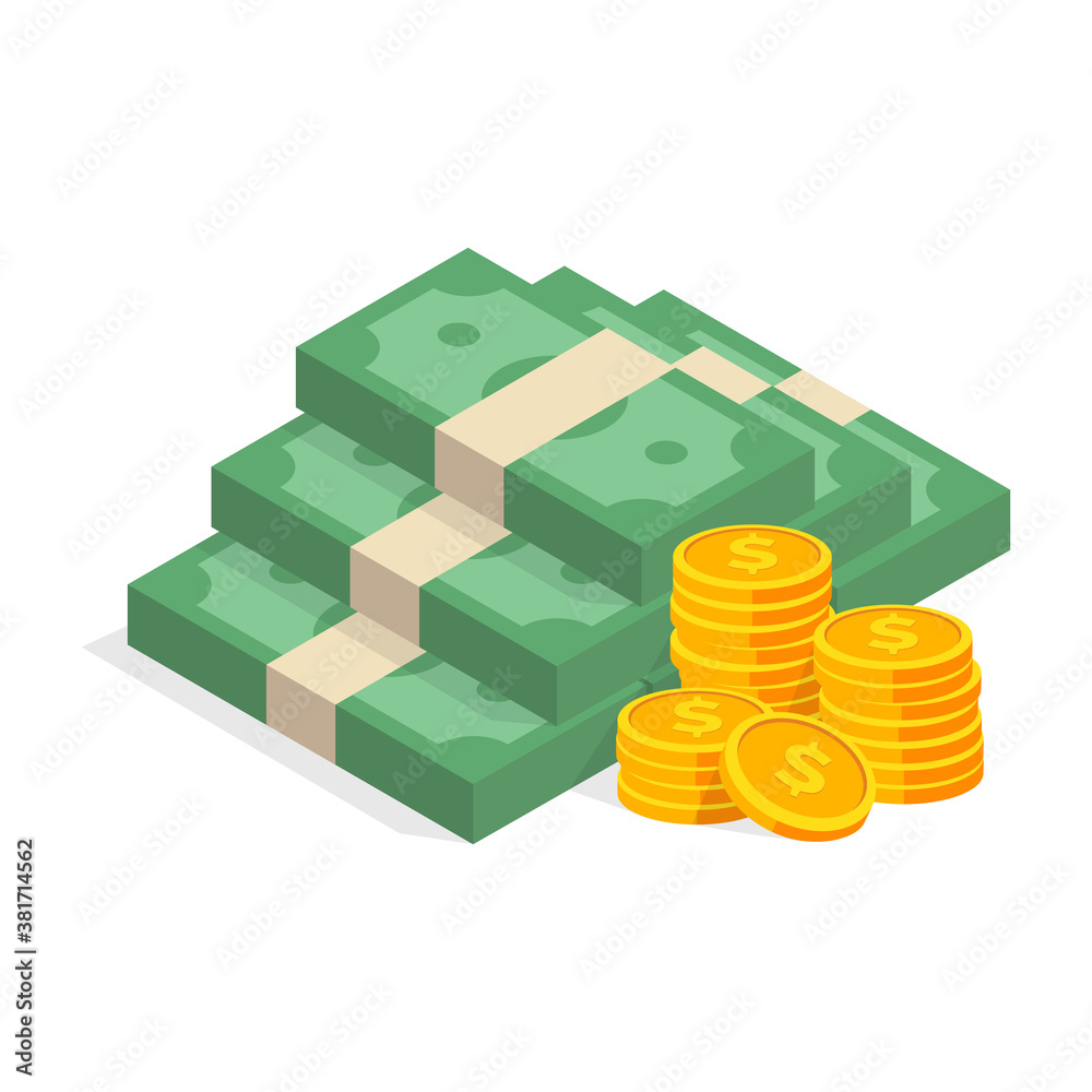 Stack of cash symbol flat style isometric illustration. Dollars bundles, gold coins with dollar sign. Money vector illustration. Stack of cash symbol flat style isometric illustration. Dollars bundles, gold coins with dollar sign. Money vector illustration.