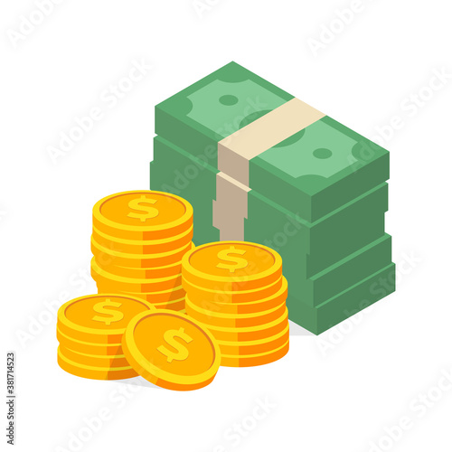 Stack of cash symbol flat style isometric illustration. Dollars bundles, gold coins with dollar sign. Money vector illustration.