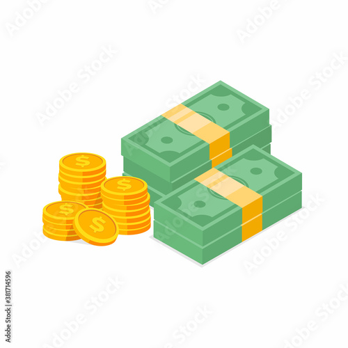 Isometric view cash money symbol. Dollars bundles  Gold coins with dollar sign. Money vector flat illustration. 