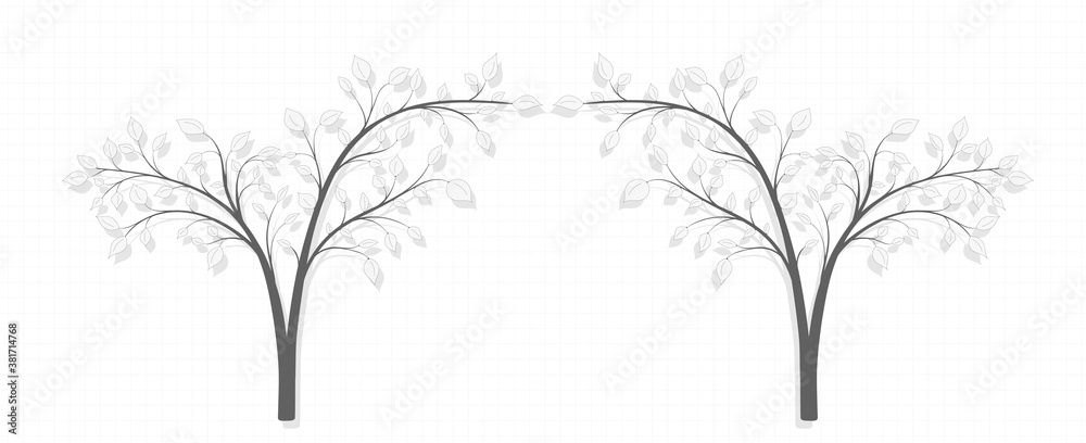 Two trees with leaves in gray in the form of an arch on a notebook sheet