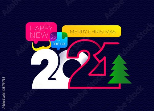 Chinese new year 2021 year of the ox. Flower and asian pattern with craft style. New year symbol 2021 logo. Chinese horoscope metal ox with. Vector illustration. Isolated on white background.