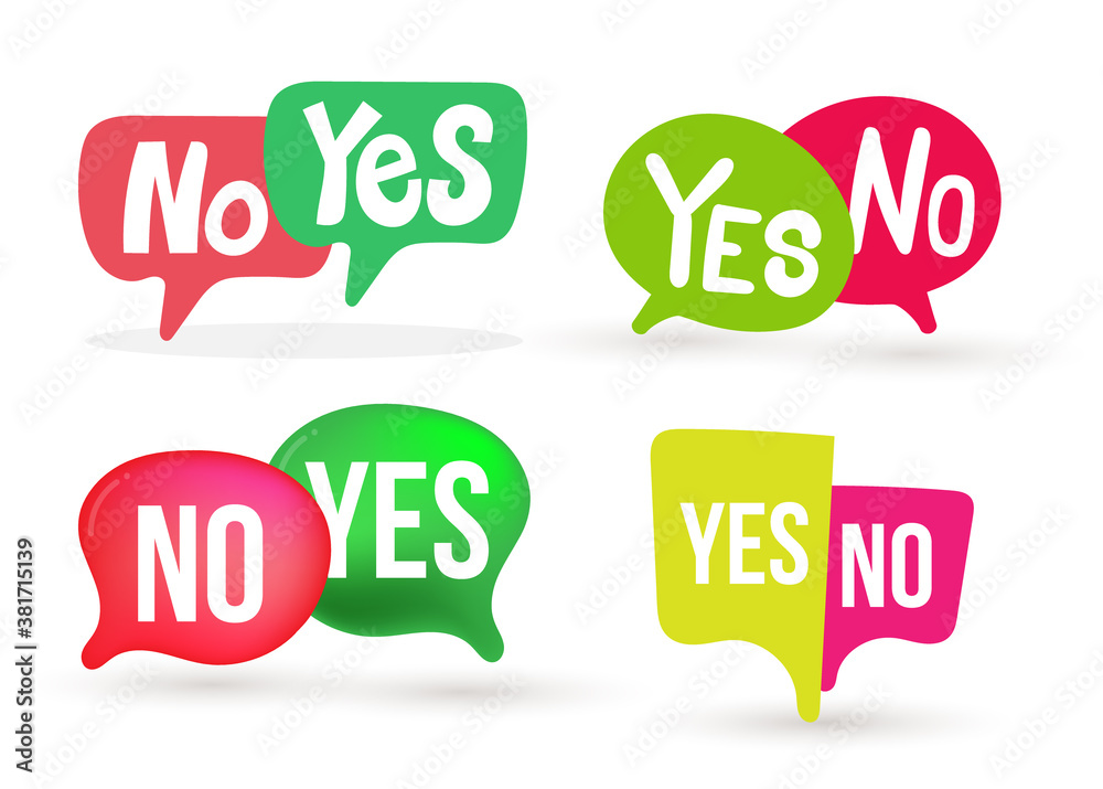 Yes No word text on talk shape. Yes no in speech bubble red, green color. Design for badge, sticker, mark, symbol icon and card chat. Test question vector illustration. Isolated on white background Yes No word text on talk shape. Yes no in speech bubble red, green color. Design for badge, sticker, mark, symbol icon and card chat. Test question vector illustration. Isolated on white background