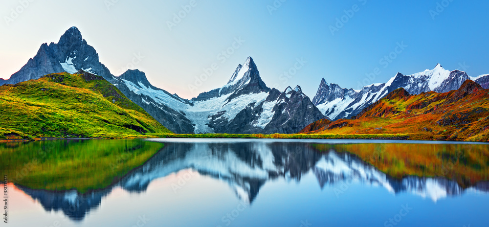 Bernese range above Bachalpsee lake. Peaks Eiger, Jungfrau, Faulhorn in famous location in Switzerland alps, Grindelwald valley