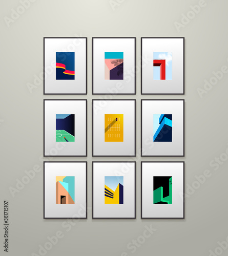 Set of minimal geometric design posters. Art in photo frame. Template with primitive shapes elements, modern hipster style. Vector illustration. Isolated on grey background.