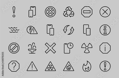 WARNINGS simple set of thin line vector icons. Contains icons such as warning, exclamation mark, reuse, warning sign and more. Editable stroke. Vector illustration