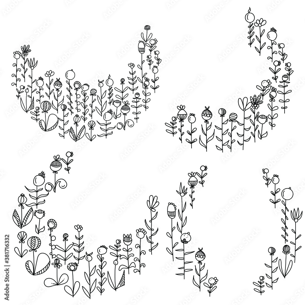 Set of four decorative semicircular frames of doodle flowers, floral wreath of contour plants, vector outline illustration for design and creativity