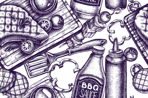 Artistic seamless pattern with spatula, kebab, steak, sauce bottles, grilled burger patties, grilled tomato, grilled bell pepper