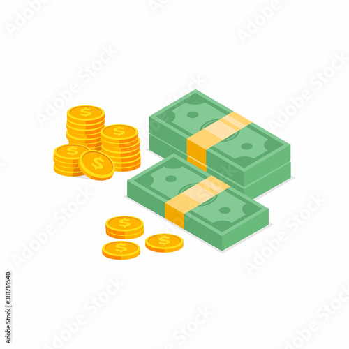 Stack of cash symbol flat style isometric illustration. Dollars bundles, gold coins with dollar sign. Money vector illustration.