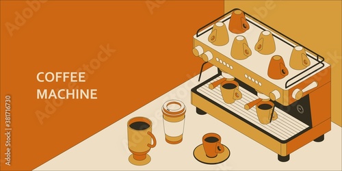 Coffee machine isometric concept with different cups. Vector illustration