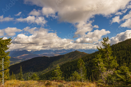 Forest and cloudscape over Glacier National Park, Montana