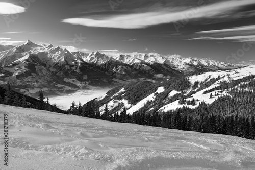 Winter view from the top of Ausrtian Alps in Kaprun ski resort, National Park Hohe Tauern, Europe, Austria
 photo