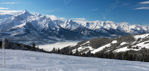 Winter view from the top of Ausrtian Alps in Kaprun ski resort, National Park Hohe Tauern, Europe, Austria 