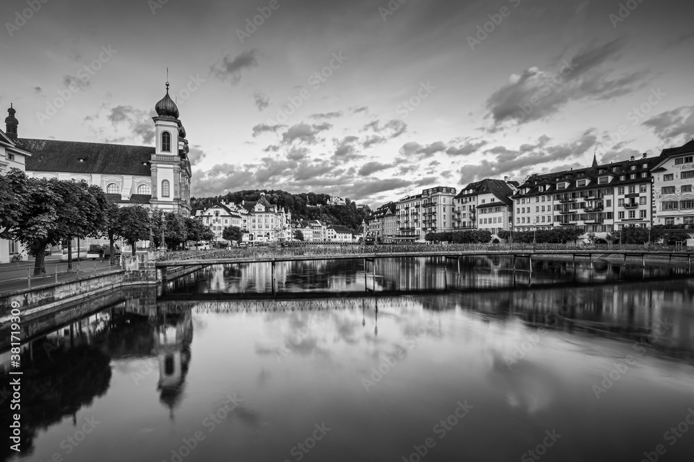Famous city and historic city center view of Lucerne with famous Chapel Bridge and lake Lucerne (Vierwaldstattersee), Canton of Lucerne, Switzerland
