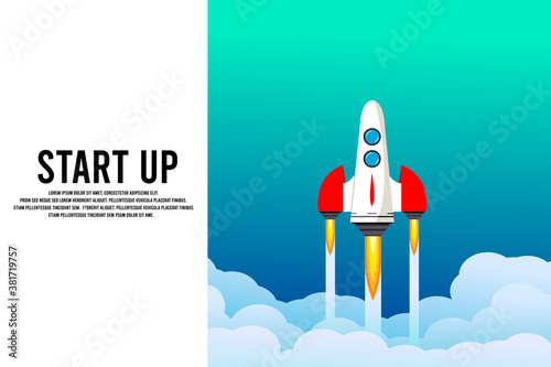 Rocket launch in the sky, cloud, smoke clouds, space. Space ship. interstellar travels. Business concept. Start up template. background. Simple modern cartoon design. Flat vector illustration.