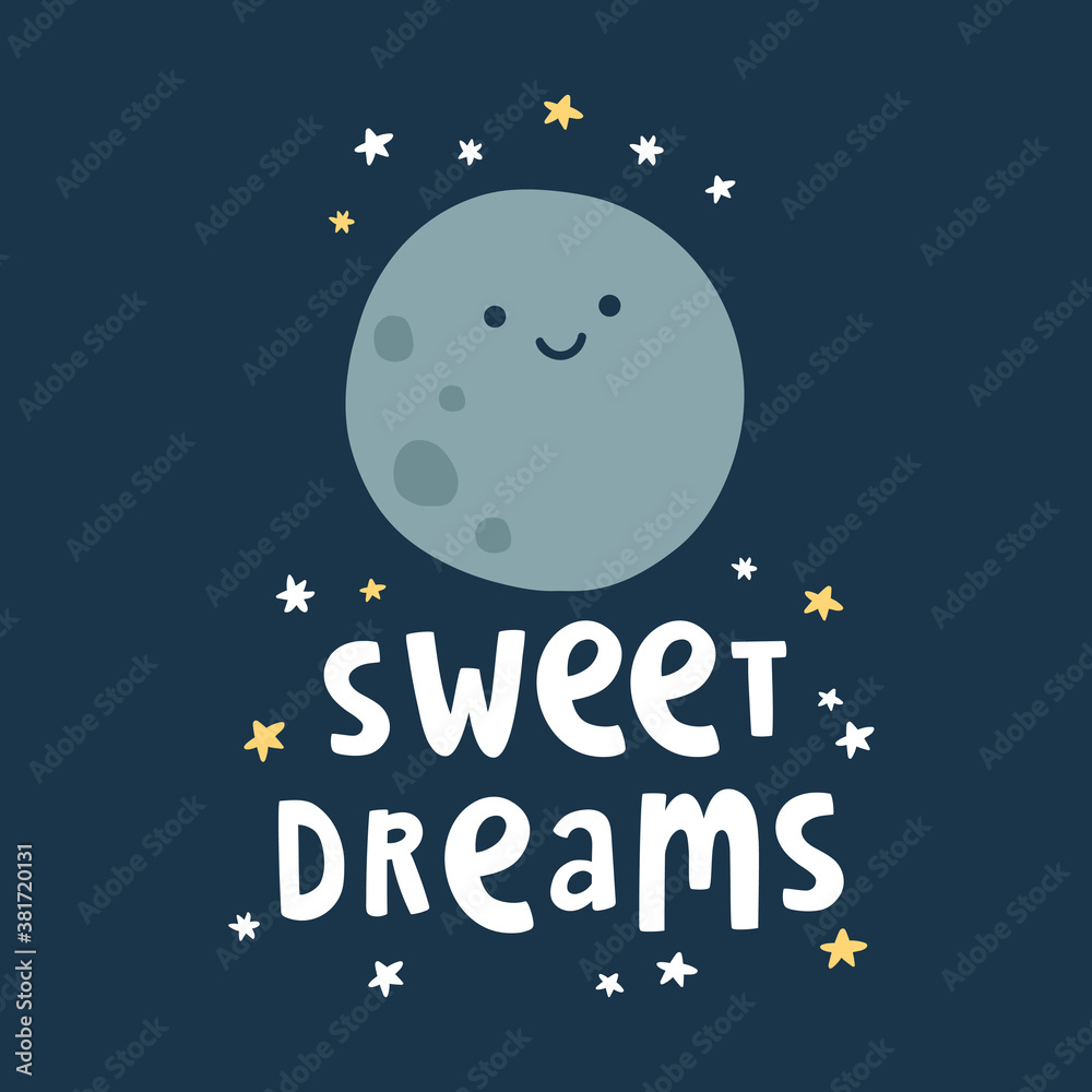 Vector illustration with cute Moon character and little stars in gold and white colors around. Text lettering Vector illustration with cute Moon character and little stars in gold and white colors around. Text lettering