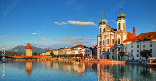 Famous city and historic city center view of Lucerne with famous Chapel Bridge and lake Lucerne (Vierwaldstattersee), Canton of Lucerne, Switzerland 