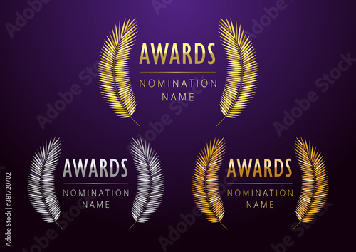 Awards logotype set. Isolated abstract graphic design template. First, second, third place symbol. Metal gradient shining collection. Decorative congrats. Tradition greeting. Round palm. Cup elements.