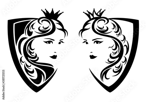 beautiful fairy tale queen or princess - young woman wearing royal crown in heraldic shield black and white vector design