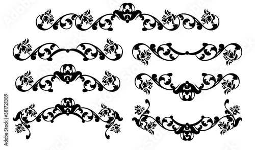 black and white vector design set of elegant calligraphic decorative elements with rose flowers
