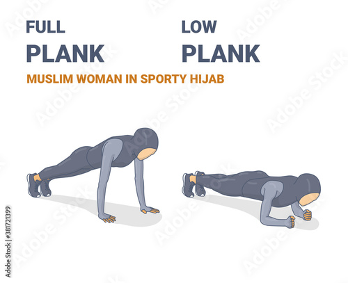 Full Plank and Elbow Plank Muslim Woman in Sporty Hijab Abs Home Workout Exercises Concept.