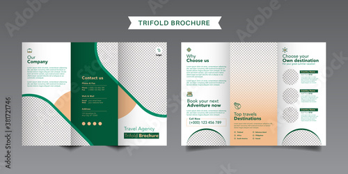 Travel business trifold brochure template. Modern, Creative and Professional tri fold brochure vector design. Simple and minimalist promotion layout with green color.