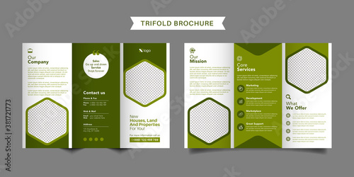 Real estate business trifold brochure template. Modern, Creative and Professional tri fold brochure vector design. Simple and minimalist promotion layout.