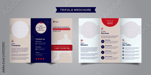 Corporate business trifold brochure template. Modern, Creative and Professional tri fold brochure vector design. Simple and minimalist promotion layout with red and navy color.