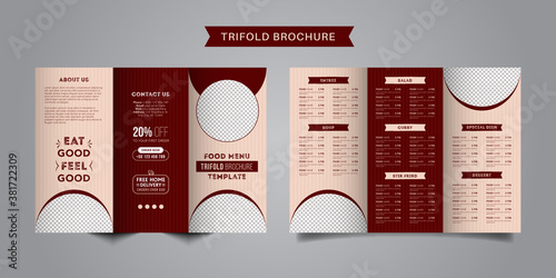 Food trifold brochure menu template. fast food menu brochure for restaurant with red color	