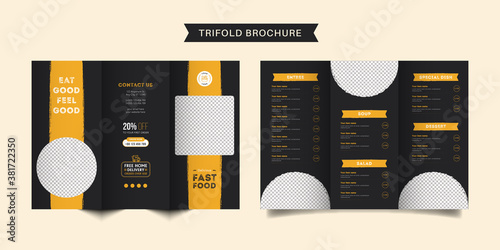 Food trifold brochure menu template. fast food menu brochure for restaurant with black and yellow color