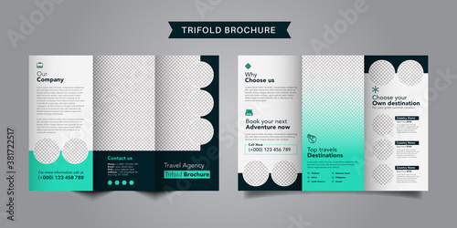 Travel business trifold brochure template. Modern, Creative and Professional tri fold brochure vector design. Simple and minimalist promotion layout with blue color.