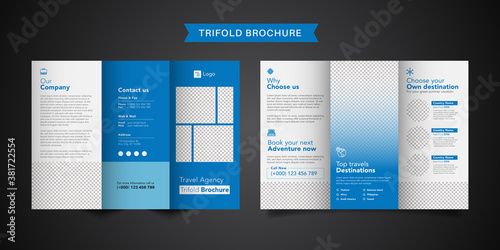 Travel business trifold brochure template. Modern, Creative and Professional tri fold brochure vector design. Simple and minimalist promotion layout with blue color.