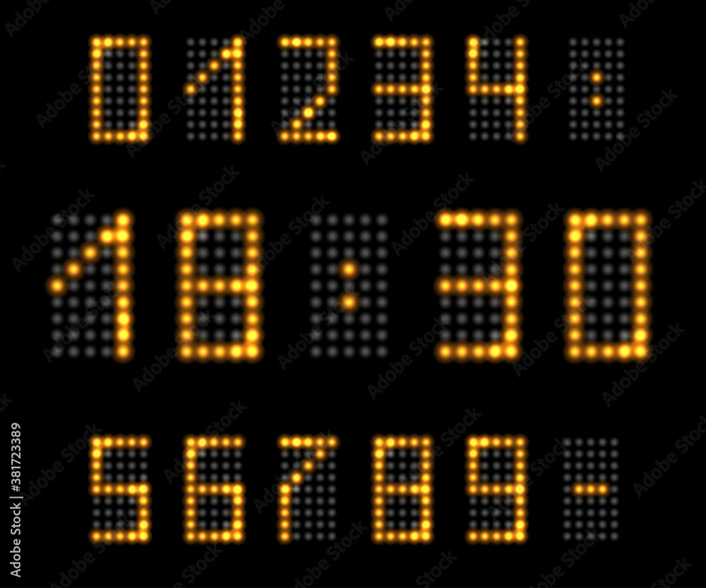 LED light numbers with neon glow effect. Golden digits with fluorescent shine for digital clock or timer design. Isolated on black background, vector illustration LED light numbers with neon glow effect. Golden digits with fluorescent shine for digital clock or timer design. Isolated on black background, vector illustration