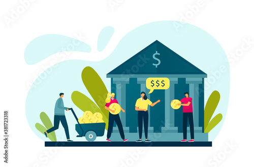 Banking people investing cash money, bank and finance flat vector illustration. Financial operations, banking business, wealth. Investments in bank products. Credits, deposit, exchange.