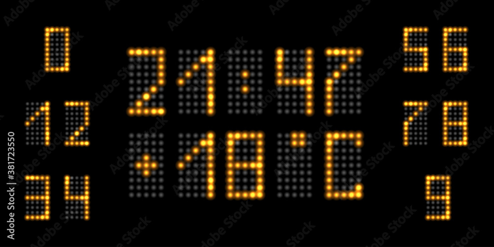 LEDnumbers with golden neon glow. Digital tableaux with timer and temperature panel, set of numbers with luminous shiny fluorescent light effect. Vector illustration LEDnumbers with golden neon glow. Digital tableaux with timer and temperature panel, set of numbers with luminous shiny fluorescent light effect. Vector illustration