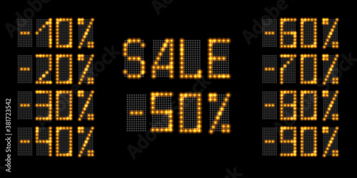 LED sale discoun digital panel with golden neon glowing effect. Set of promo  fluorescent  luminous numbers percents. Vector illustration