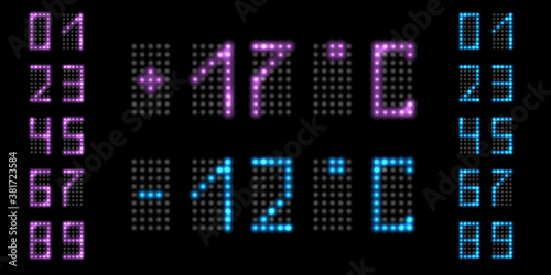LED light numbers with neon glow. Digital temperature panel with fluorescent purple and blue numbers. Vector illustration