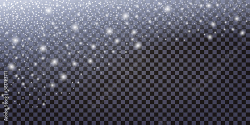Falling snowflakes, winter silver snow glitter on transparent background. Christmas decoration, shine luminous particles, realistic shimmer effect. Vector illustration