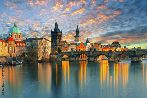 Prague city - amazing view on old town, Charles bridge and Vltava river, Czech Republic 