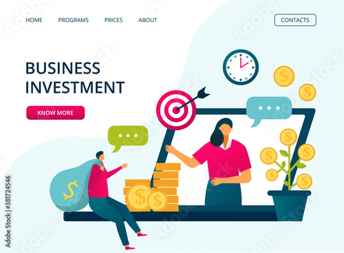 Business investments  financial investors market website template  vector illustration. Return of invetment profits in stock dividend. Easy invest with mutual fund. App for commodity and money market.