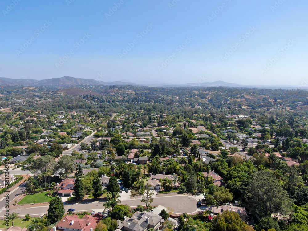 Aerial view of suburb area with residential villa in San Diego, South California, USA. 