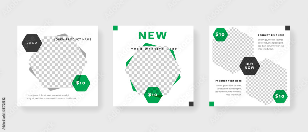 Instagram square post templates with hexagon element and green accent. Social media post layouts with place for photo a text. - obrazy, fototapety, plakaty 