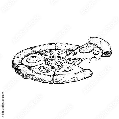 Hand drawn sketch style pizza with slice and melted cheese. Fresh baked traditional italian pizza with salami, sliced mushrooms and olives. Best for packaging, menu for restaurants and delivery. 