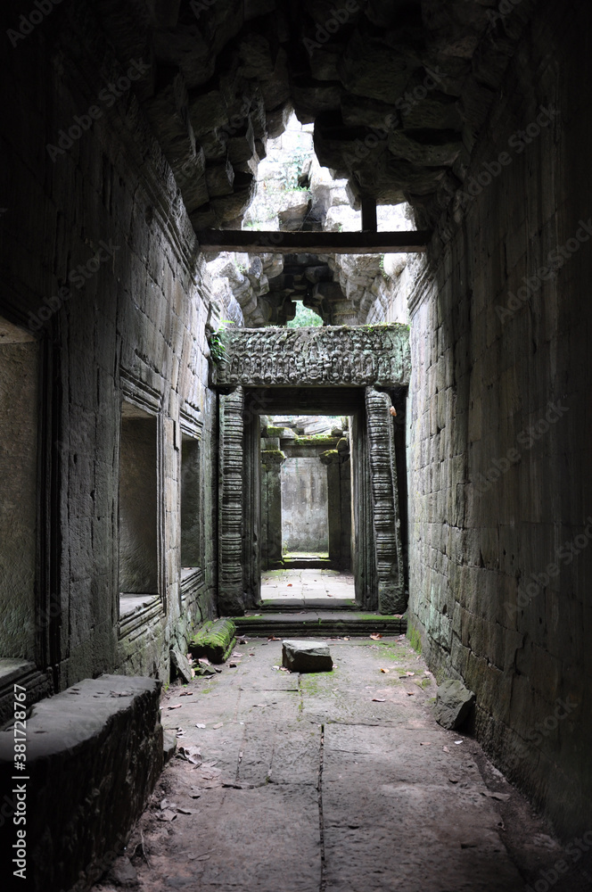 Hallways and columns in the ancient Khmer temples at the Angkor Wat complex, in Siem Reap, Cambodia