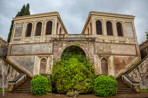The Aviaries of the Farnese Gardens on the Palatine hill. View of the facade of the Farnese Gardens (Farnese Aviaries) and fontain, Palatine Hill, Palatino, Forum Romanum, Rome, Italy