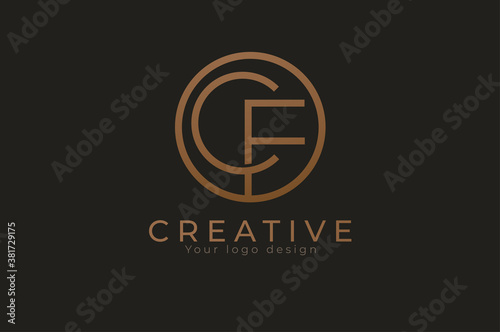 Abstract initial letter C and F logo, golden circle with letter CF inside,usable for branding and business logos, Flat Logo Design Template, vector illustration